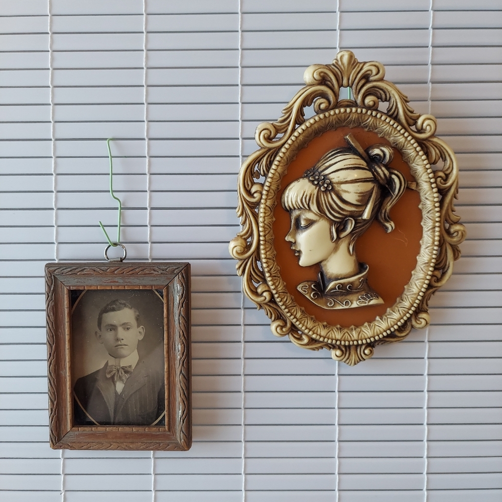 Small Vintage Framed Art Cameo Black White Portrait